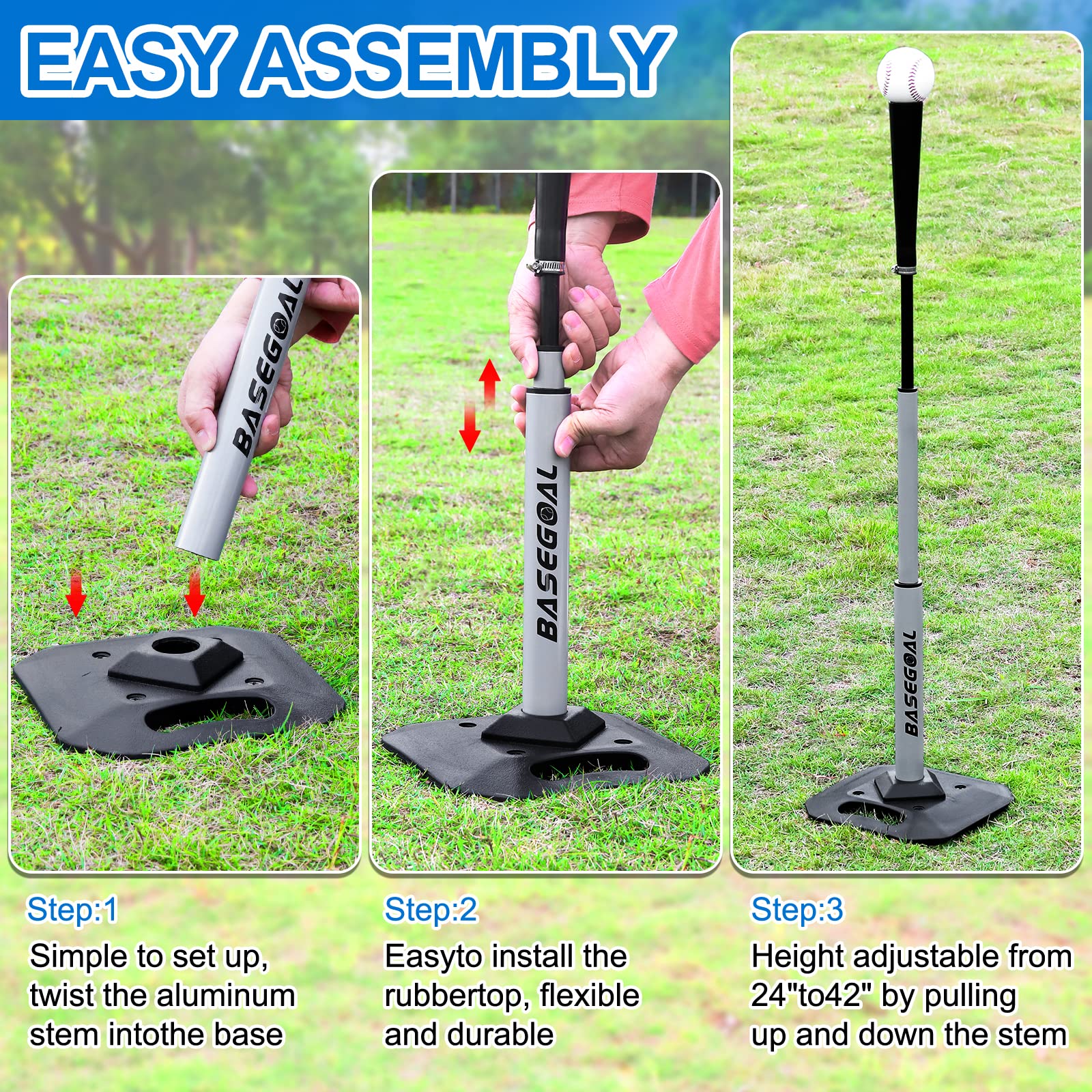 Adjustable Baseball & Softball Batting Tee with Heavy-Duty Base and Flexible Rubber Top
