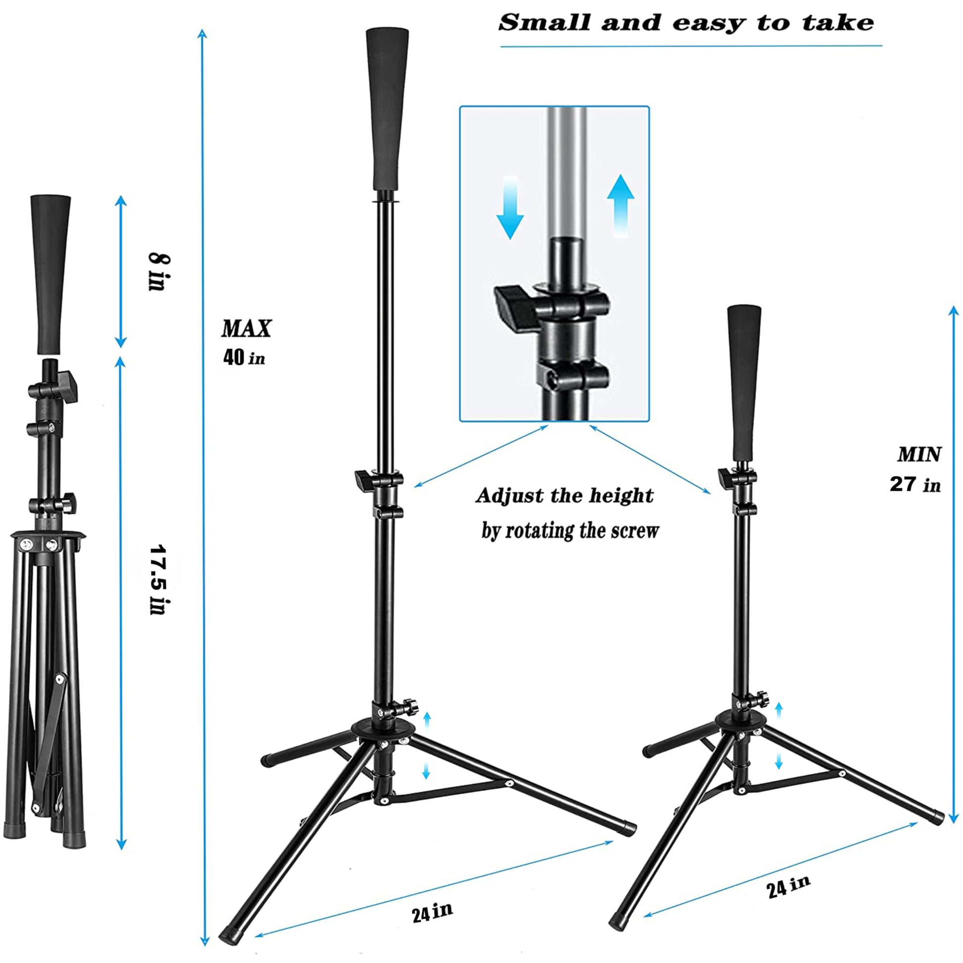 Adjustable Baseball & Softball Batting Tee – Tripod Stand with Rubber Top & Carry Bag
