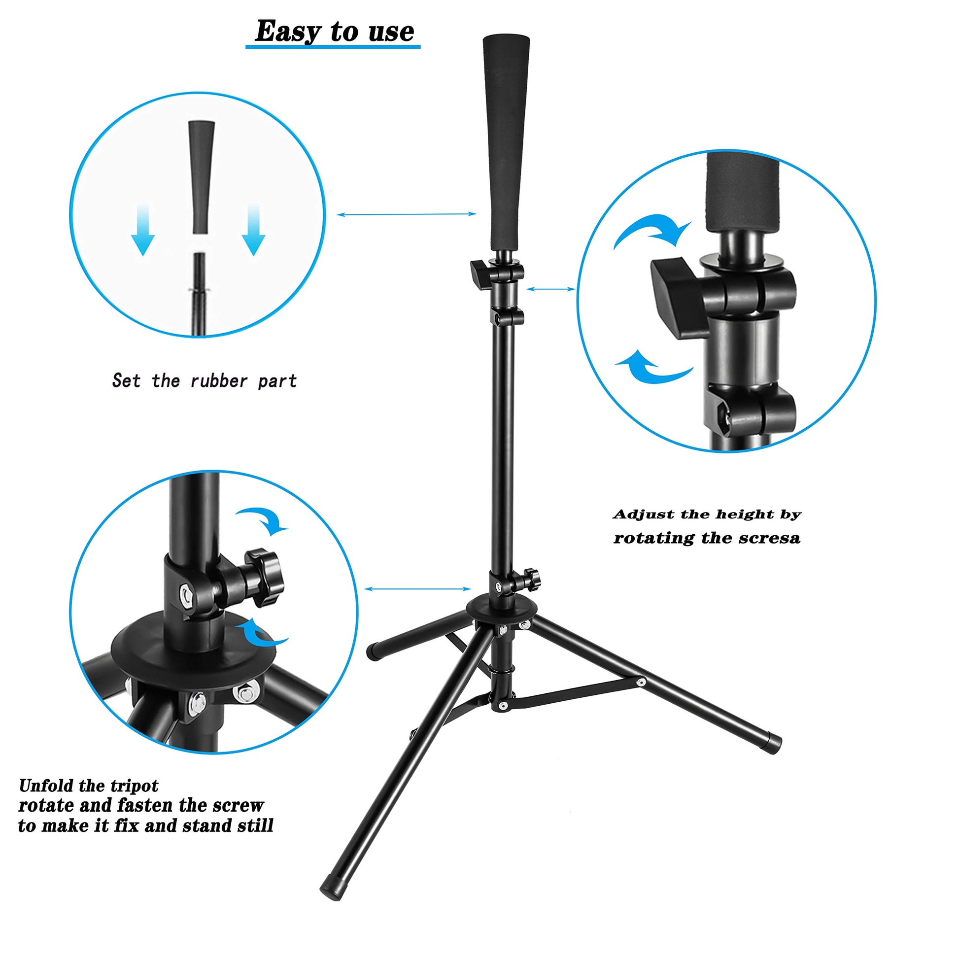 Adjustable Baseball & Softball Batting Tee – Tripod Stand with Rubber Top & Carry Bag